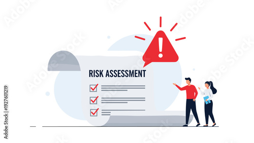Business team members are conducting a formal risk assessment by reviewing a detailed report with warning signs.