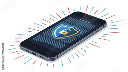 Advanced mobile device security featuring a golden lock and a protective shield on a smartphone screen to prevent theft.