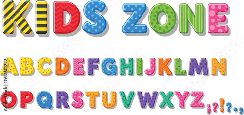 Colorful 3D alphabet and "Kids Zone" lettering in playful style for children's designs