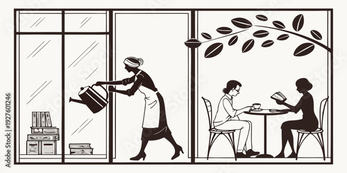 A man is sweeping the floor while a woman is sitting at a table with a child. Vector