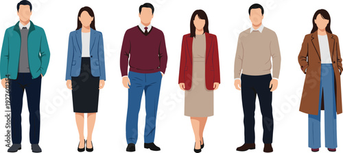 Diverse professional team in business casual attire, blazers, sweaters, shirts, trousers and dresses standing confidently modern office group vector illustration