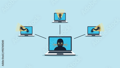 Hacker in mask accessing multiple computer networks to spread malicious malware and stealing private user data online.