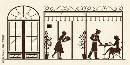 A group of people walking towards a building with columns and windows. Vector