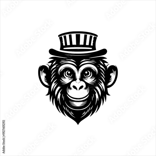 Circus monkey silhouette arranged as a playful black vector emblem design. Entertainment animal concept