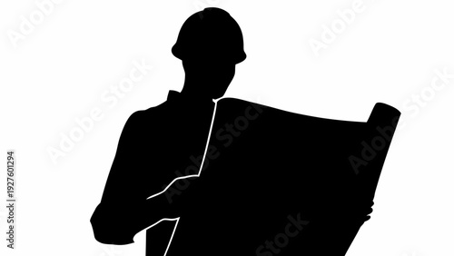 Confident engineer reviewing blueprints in hard hat