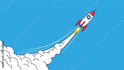 Space rocket launching into the blue sky with smoke representing business startup and rapid growth success mission.