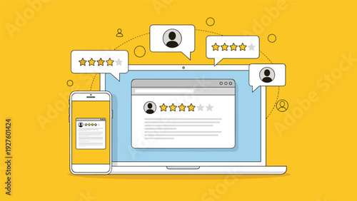 Laptop and smartphone showing customer feedback and star ratings for online business reputation and product quality.