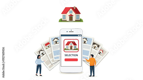Mobile app for real estate property search showing various house models for customers to select their future dream home.