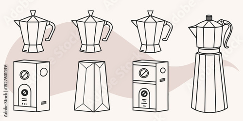 A variety of coffee makers and their corresponding control panels displayed in a row Vector