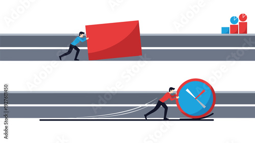 Comparison of hard work versus smart work showing one person pushing a box and another rolling a large heavy clock.