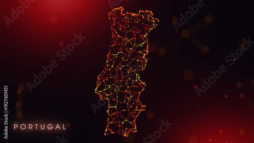 A creative cartography design featuring the Portugal country border in a colorful plexus style. Glowing red and orange dots and lines represent digital technology and business communication.