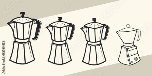 Four different types of coffee makers displayed in a row from left to right. Vector