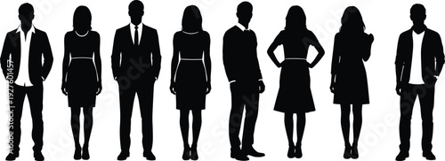 Diverse professional business team silhouettes, men and women in suits dresses blazers, confident poses, black vector fashion illustration group lineup