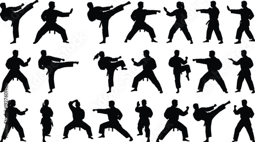 Black silhouettes of martial arts athletes practicing karate taekwondo and judo kicks punches and combat stances for sports fitness and training