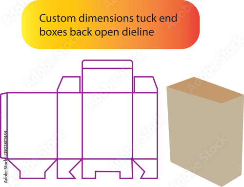 Custom Dimensions Tuck End Box Packaging Dyeline Template with 3D Mockup View and Flat Vector Layout Plan