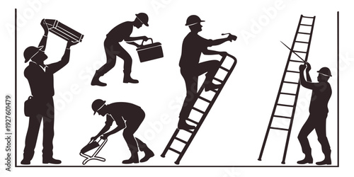 A diverse group of people working together to complete a task using a ladder. Vector