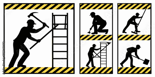 A series of figures demonstrating the proper technique for climbing a ladder. Vector