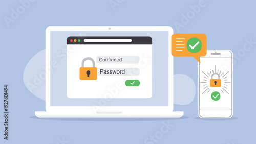 Laptop and smartphone displaying secure password confirmation and two-factor authentication for personal data protection.