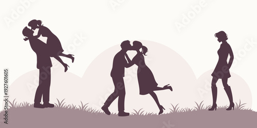 A whimsical illustration of three people walking in a line with various accessories Vector