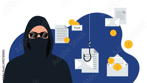 Hacker in mask using fishing hook to steal emails, money, and confidential documents in a phishing cyber attack.