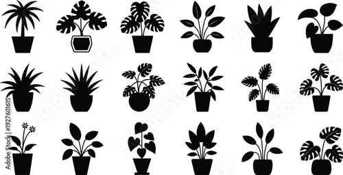 Collection of black potted houseplant silhouettes, modern indoor plant icon set isolated on white background vector illustration minimal design