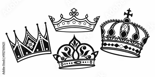 A collection of four ornate crowns with various designs and embellishments. Vector