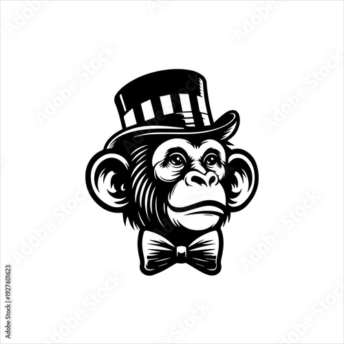 Circus monkey silhouette arranged as a playful black vector emblem design. Entertainment animal concept