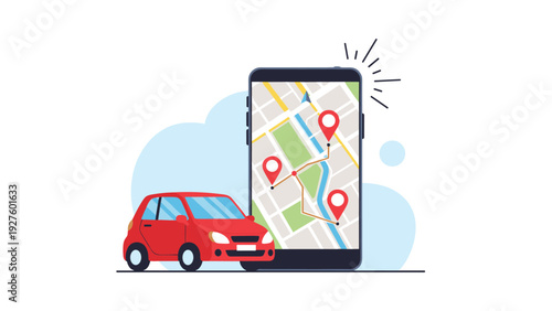 Red car parked next to smartphone showing GPS navigation map with location pins for modern travel and tracking.
