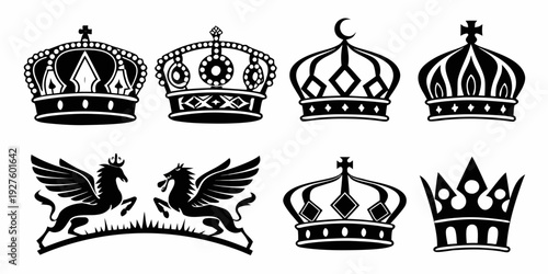 A collection of various crowns and a pair of wings in a symmetrical arrangement Vector