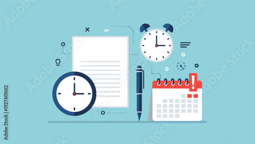 Business agenda document surrounded by clocks and calendar for effective time management and schedule planning.
