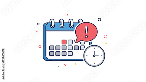 Calendar icon with red notification bubble and clock representing upcoming events and time management deadlines.