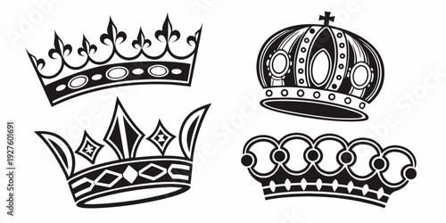 A collection of three distinct crowns, each with unique designs and intricate details. Vector