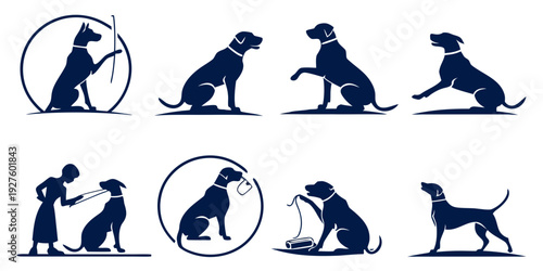 Illustrations of dogs in various poses and activities, including a dog with a ball. Vector