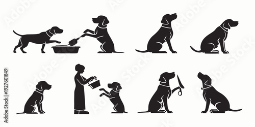 A sequence of black silhouettes of dogs performing various activities and actions Vector