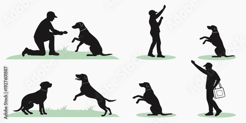 Silhouettes of people and dogs engaging in various activities together Vector