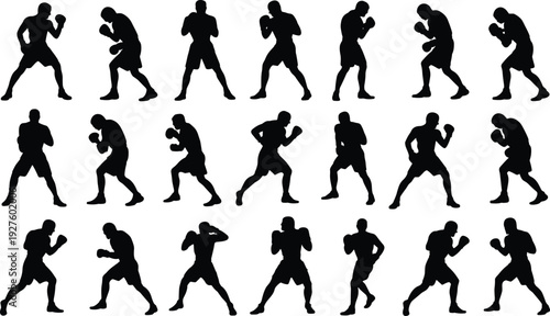 Black silhouette set of professional boxers in fighting stances, punching and defensive positions for sports, fitness, and martial arts design.