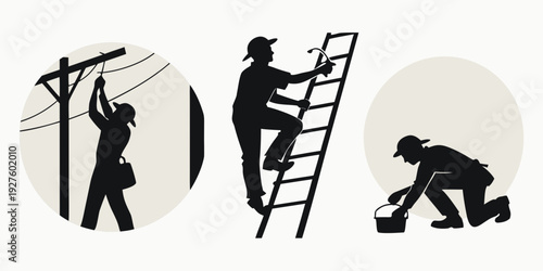 Three distinct silhouettes of people engaged in various construction activities Vector