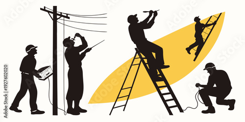 People working together to install a large sail on a mast for a sailboat Vector