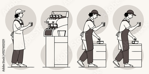A series of individuals engaging in various activities at a coffee shop. Vector