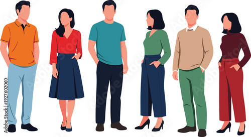 Diverse smart casual office outfits for men and women, colorful flat vector fashion illustration, polo dress sweater blazer trousers skirt lineup