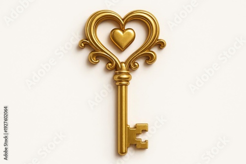 A golden key adorned with heart-shaped patterns on a white background