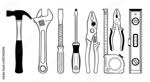 A collection of various tools including a hammer, wrench, screwdriver, pliers, and level are neatly arranged on a surface.