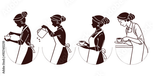 Four women in long dresses and hats, each holding a tray with different items. Vector