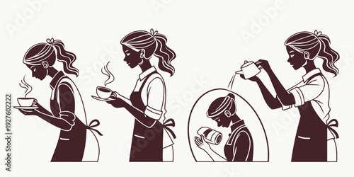 Three women in different stages of hair styling with a hairdryer and brush. Vector