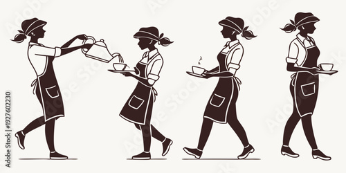 A sequence of three women walking in a straight line, each carrying a bag or a package. Vector