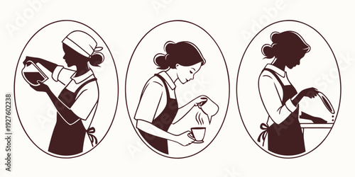 Three women engaged in various activities, depicted in a vintage style illustration. Vector