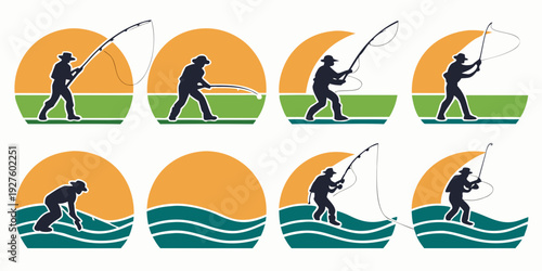 Various water sports activities with silhouettes against a sunset background Vector
