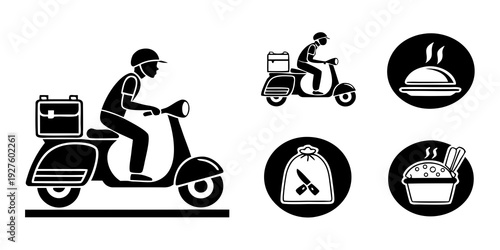 A person riding a scooter with various icons related to delivery and food. Vector