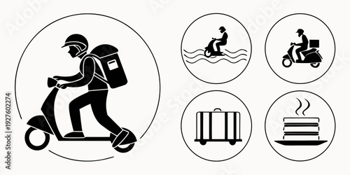 A collection of icons representing various modes of transportation and their associated symbols. Vector