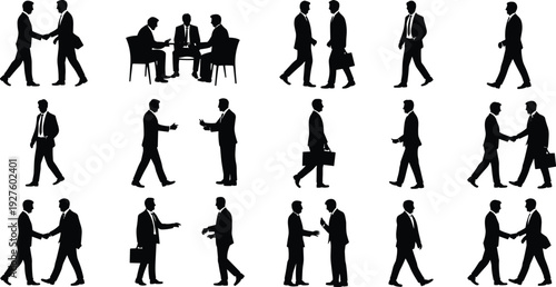 Businessmen silhouettes collection, corporate handshake meeting walking poses isolated on white background vector illustration professional office people set